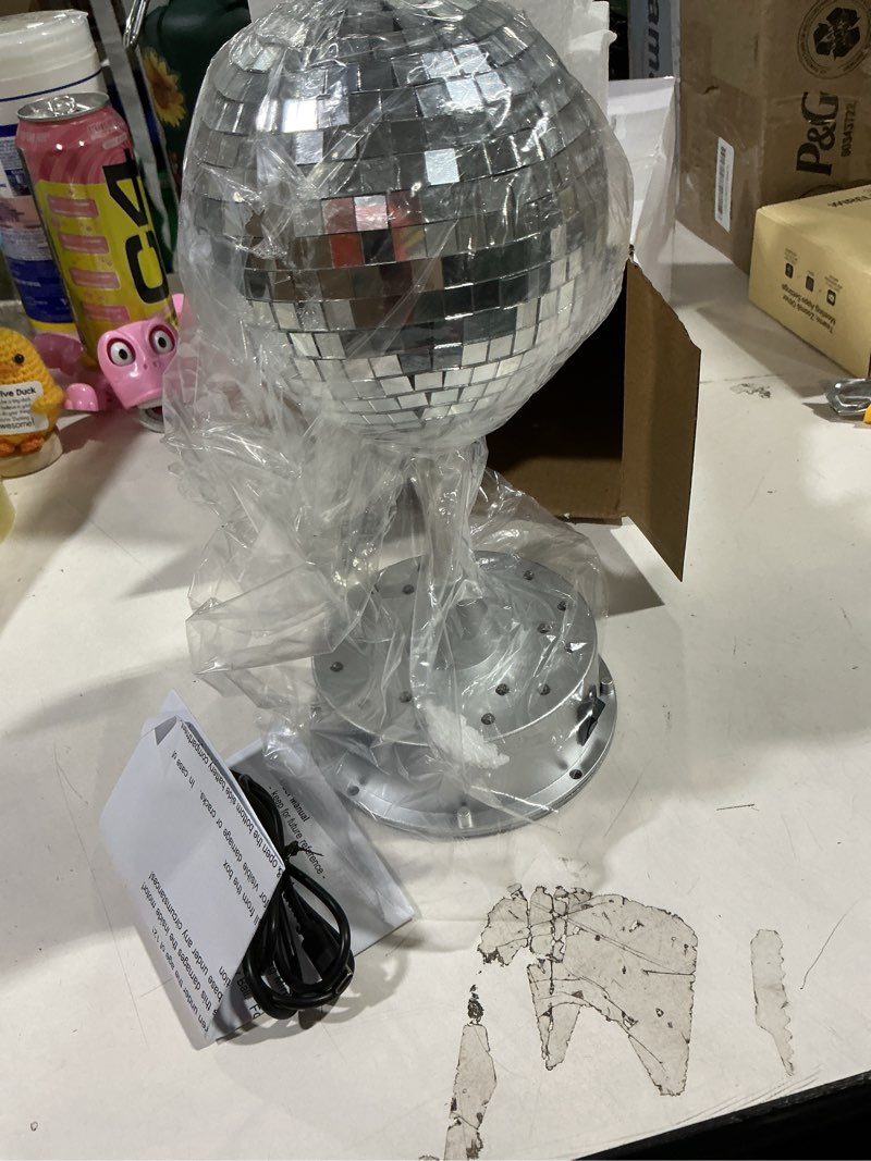 Condition photo showing Good Condition for Christmas Disco Ball Light 5" Mirror Ball Motor Hanging Rotating Disco 90s Party Decor 5rpm with 3 Light Color and 18 LED Hanging and Table 2 Use for Wedding Bar Club Band Stage Home Birthday(Silver)