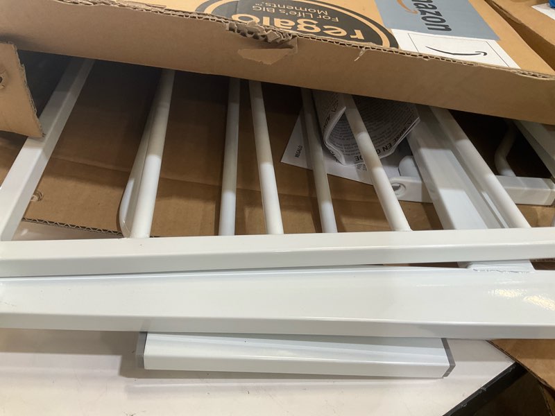 Condition photo showing As Is for regalo safety 38" baby gate for doorways & bottom of stairs, pressure mount design for babies, toddlers & pets, tested & safe for 30 years, american designed, american owned, white white 29-38.5"w x 30"h