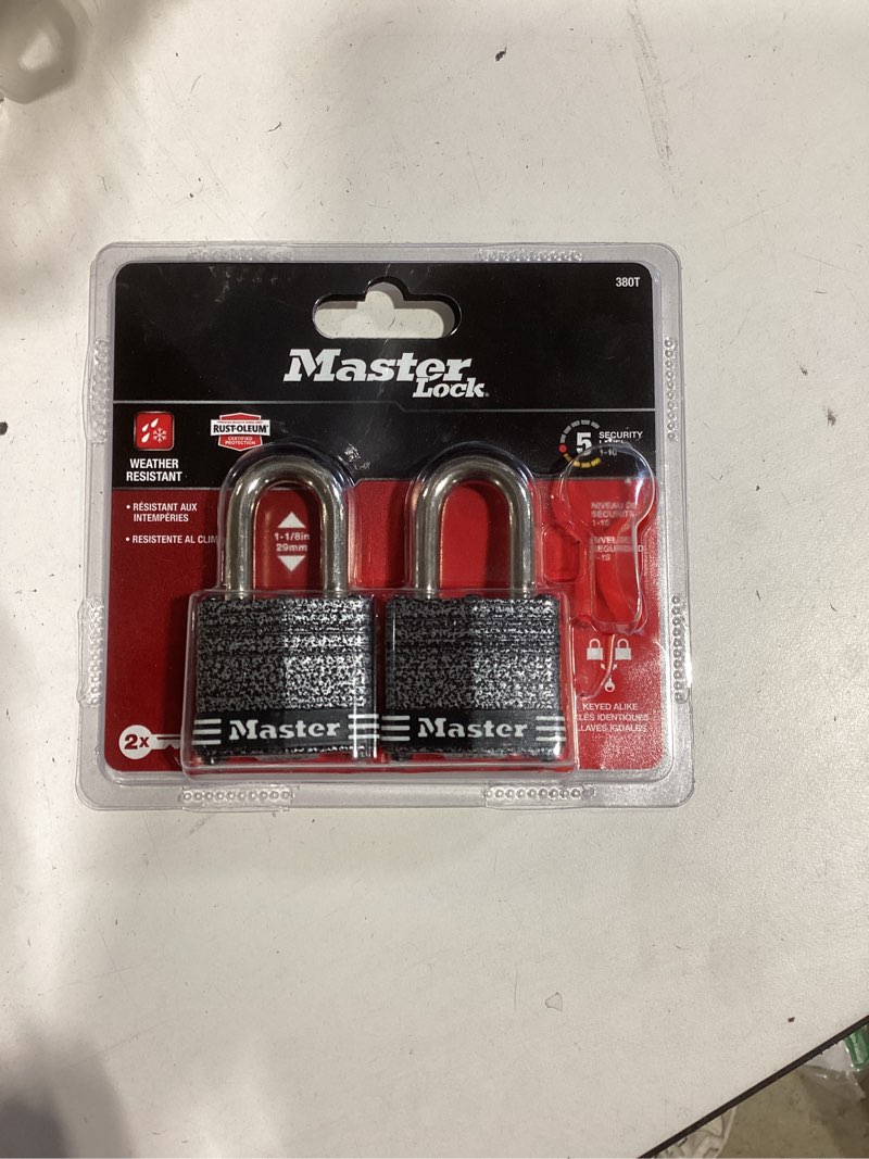 Condition photo showing As Is for master lock 1.5625 in. h x 1-9/16 in. w x 1-1/2 in. l steel 4-pin cylinder weather-resistant padlock