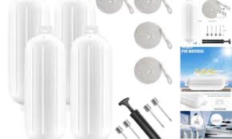 8.5 x 27 inches twin eyes ribbed boat fenders 4 pack boat fenders bumpers with lines and pump to inflate for docking blue