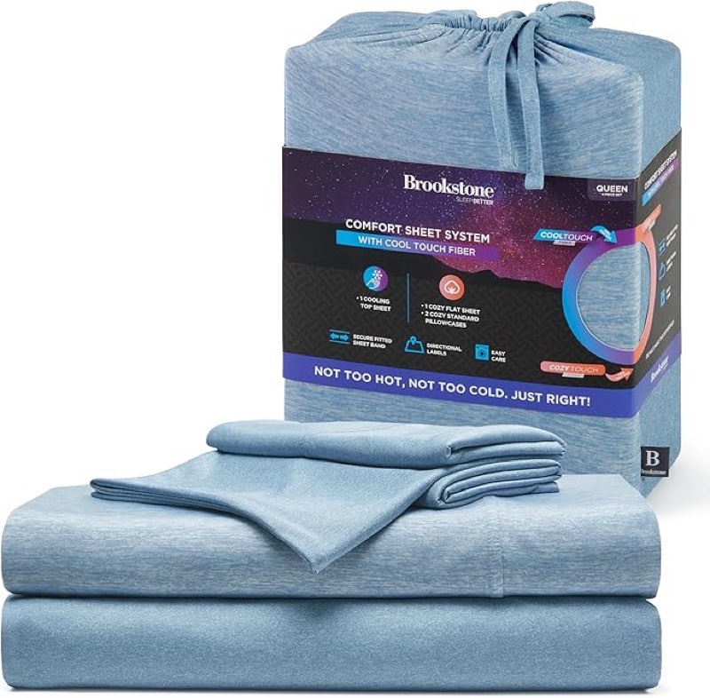 Brookstone Comfort Full Sheet Set - Innovative Cooling Sheets for Hot Sleepers - Deep Sleep with Temperature Regulation - 4-Piece Set of Soft Flat, Fitted Sheet, & Two Pillowcases - Faded Denim