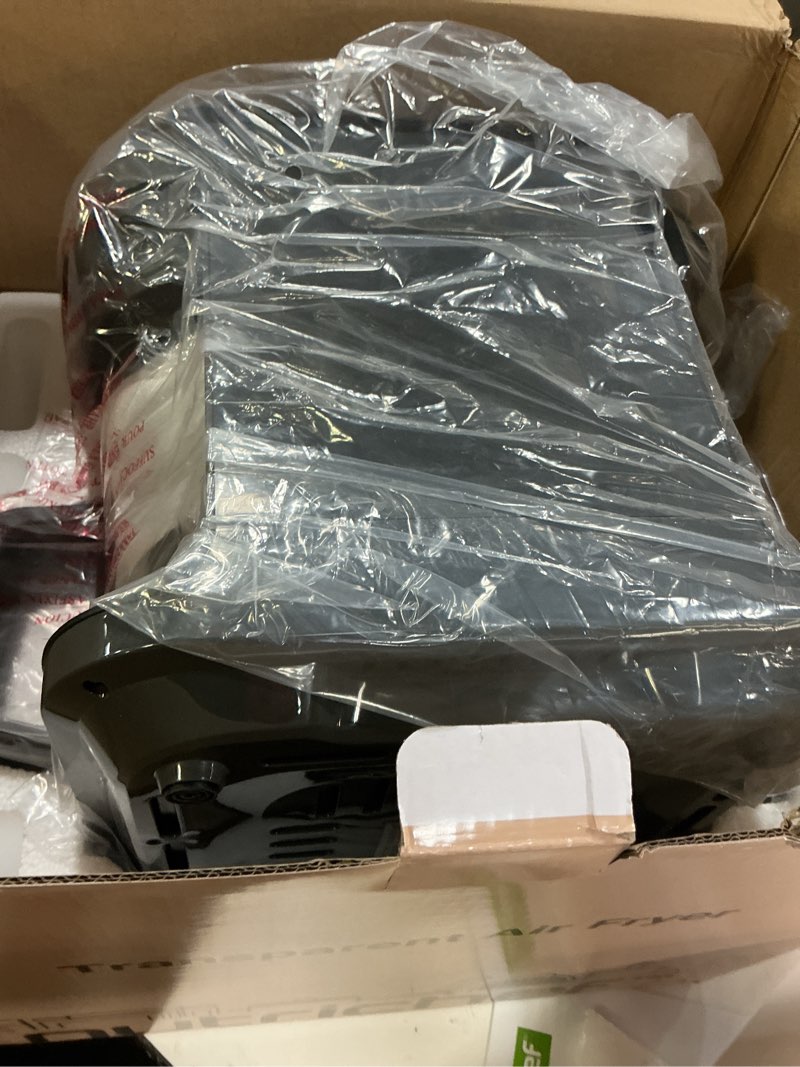 Condition photo showing New/Like New for nutrichef 5.8 quart air fryer | 8-1 preset cook modes | transparent fry bowl for best cooking results | cook shrimp, steak, fries, wings, chicken & more | precise temperature control & time | grey