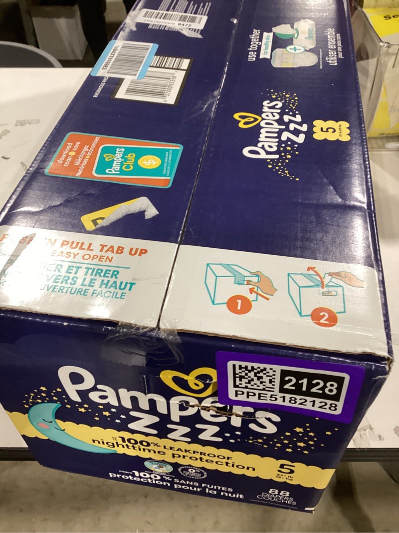 Condition photo showing Good Condition for pampers zzz overnight diapers, size 5 (27+ lbs), 88 count, nighttime protection disposable baby diaper, night time leak and skin protection size 5 88