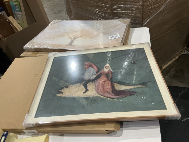 Condition photo showing Good Condition for viyyiea framed wall art for living room, drive the fish canvas prints, vintage home decor, funny painting picture, bathroom wall decor gifts for friends or family - 20l x 16w funny-?flying fish? 20"l x 16"w