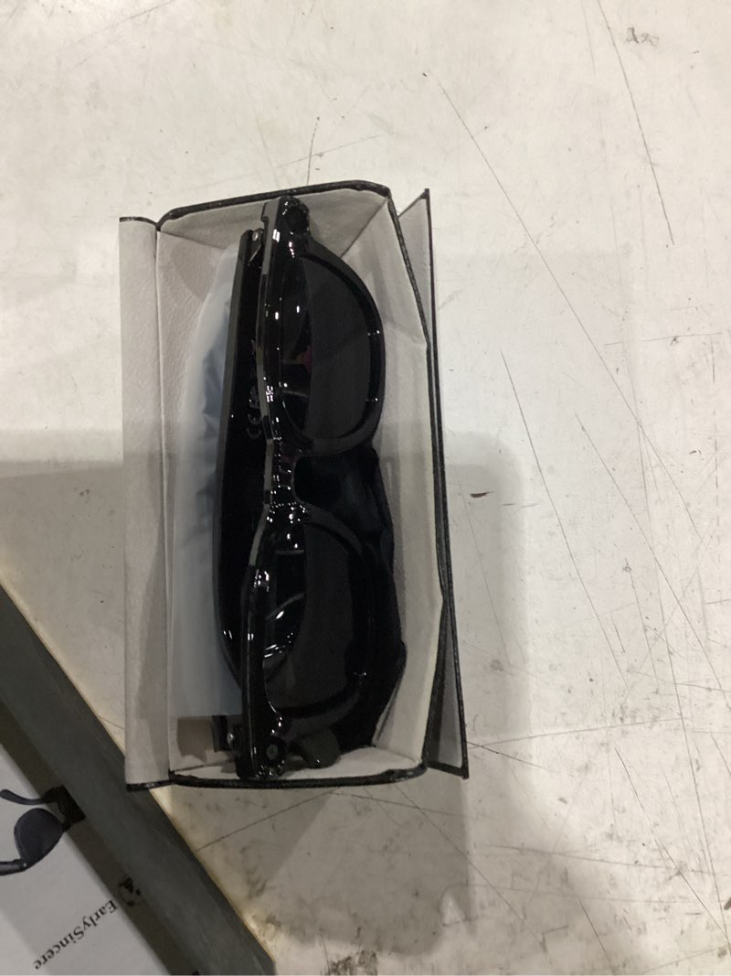 Condition photo showing New/Like New for earlysincere smart glasses with 8mp 4k pov camera, hd video, ai vision assistant, translation & voice transcriber, open-ear audio, extra photochromic lenses, bluetooth sunglasses for vlog, outdoor black frame+black sunglasses lens