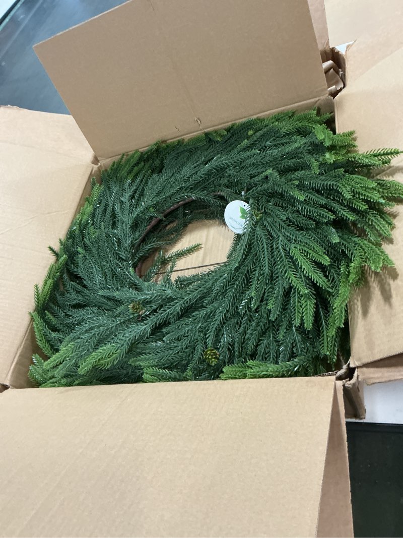 Condition photo showing Good Condition for 24inch Christmas Wreath 2 Pack, Norfolk Pine Wreath for Front Door, 24 Inch Xmas Village Wreath Holi