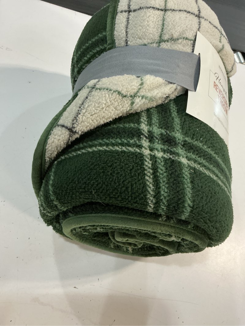 Condition photo showing As Is for berkshire life reversible printed hampshire soft throw blanket, standard size, modern plaid  