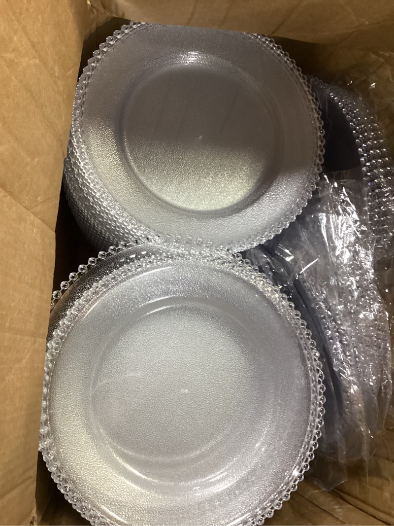 Condition photo showing As Is for hoolerry 100 pack clear charger plates bulk 13 inch acrylic round dinner charger plates beaded frosted grain dinner decorative dishes for wedding party events home kitchen tabletop(clear,beads)
