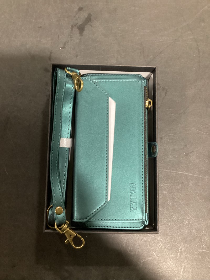 Condition photo showing Good Condition for for iPhone 14 Plus Wallet Case with Zipper Card Holder, RFID Blocking PU Leather Magnetic Flip Handbag Purse Case with Crossbody Lanyard Strap & Wrist Strap for iPhone 14 Plus -Green iPhone 14 Plus Green