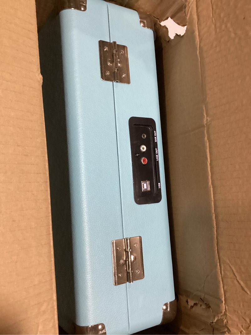 Condition photo showing Good Condition for vinyl stereo blue record player 3 speed portable turntable suitcase built in 2 speakers rca line out aux headphone jack pc recorder