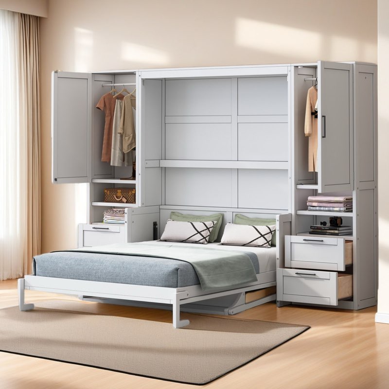 (incomplete)queen size murphy bed wall bed with closet ,drawers and shelves