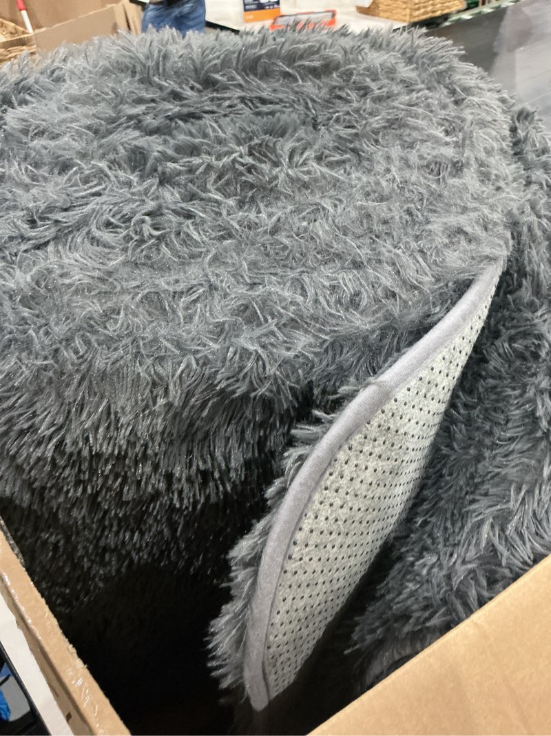 Condition photo showing As Is for fluffy grey rug for living room 8x10 - large soft non-slip area carpet | cloud-soft comfort: microfiber memory foam - bare feet love the sink-in softness your whole family enjoys every day