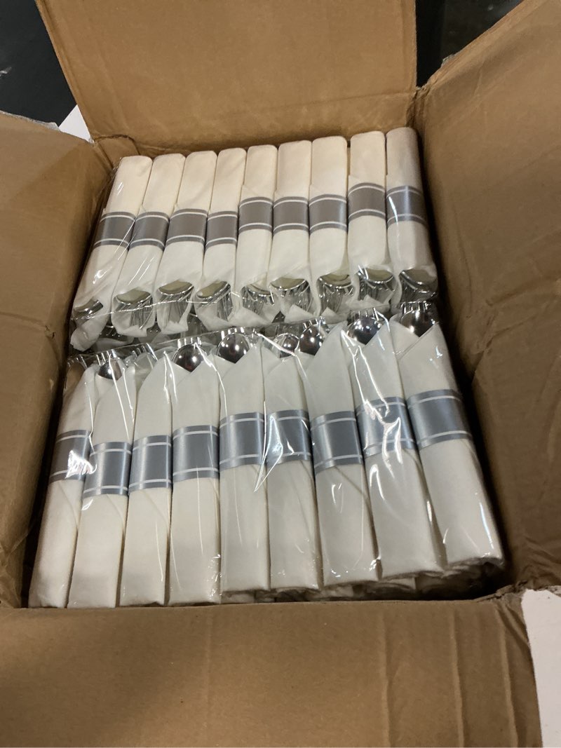 Condition photo showing New/Like New for goodluck 350 piece silver plastic dinnerware set for 50 guests, fancy disposable plates for party, include: 50 dinner plates, 50 dessert plates, 50 pre rolled napkins with silver silverware, 50 cups silver 350 piece (50 guests)