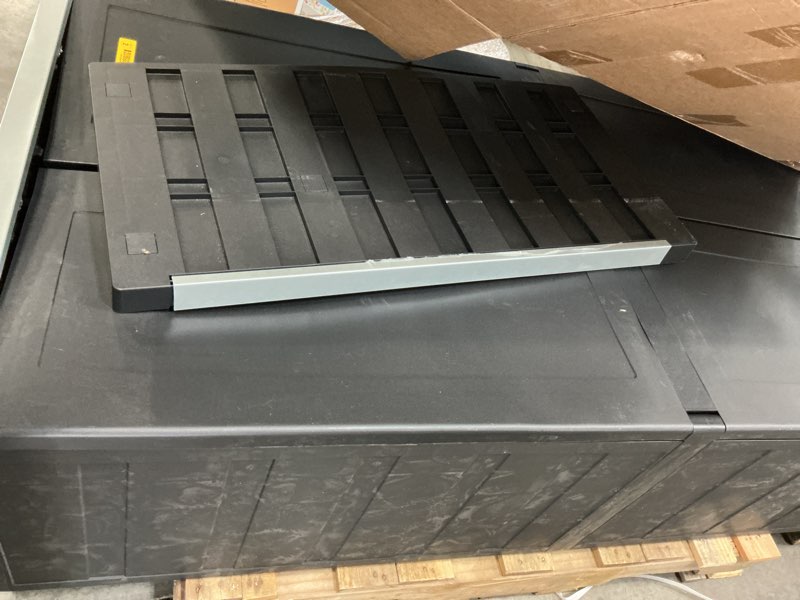 Condition photo showing As Is for keter premium one 35-in w x 74-in h x 18.5-in d freestanding plastic garage cabinet in black