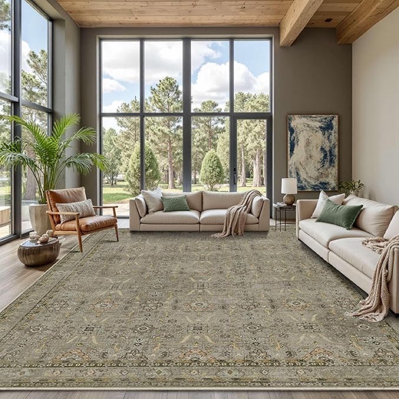 Washable 9x12 Area Rugs for Living Room, Boho Non-Slip Vintage Distress Lager Rugs for Bedroom Dinin