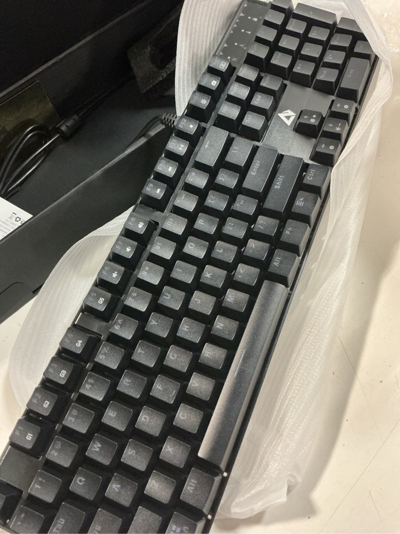 Condition photo showing New/Like New for mechanical gaming keyboard with clicky blue switches & led backlight, 104-key anti-ghosting wired mechanical keyboard with macro recording & ergonomic design for pc and laptop km-g16
