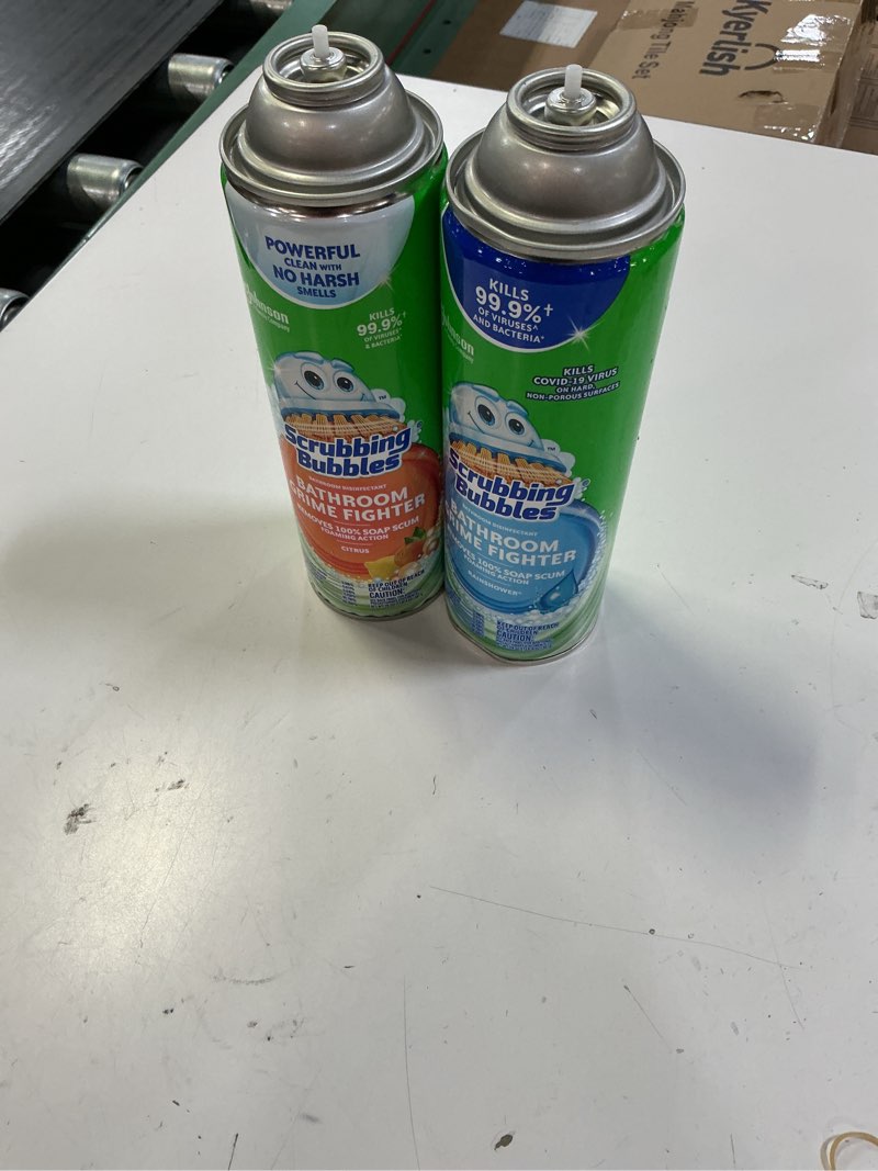 Condition photo showing As Is for scrubbing bubbles bathroom and shower cleaner disinfectant aerosol, foaming action bathroom grime fighter, rainshower scent, 20oz rainshower 20 ounce (pack of 1)