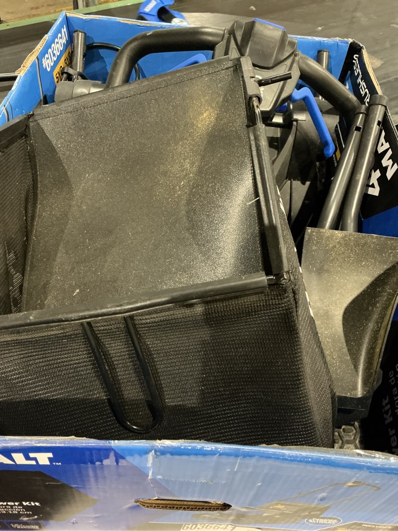 Condition photo showing As Is for incomplete. missing chargers. kobalt 48v max (24vx2) 17-in push mower kit