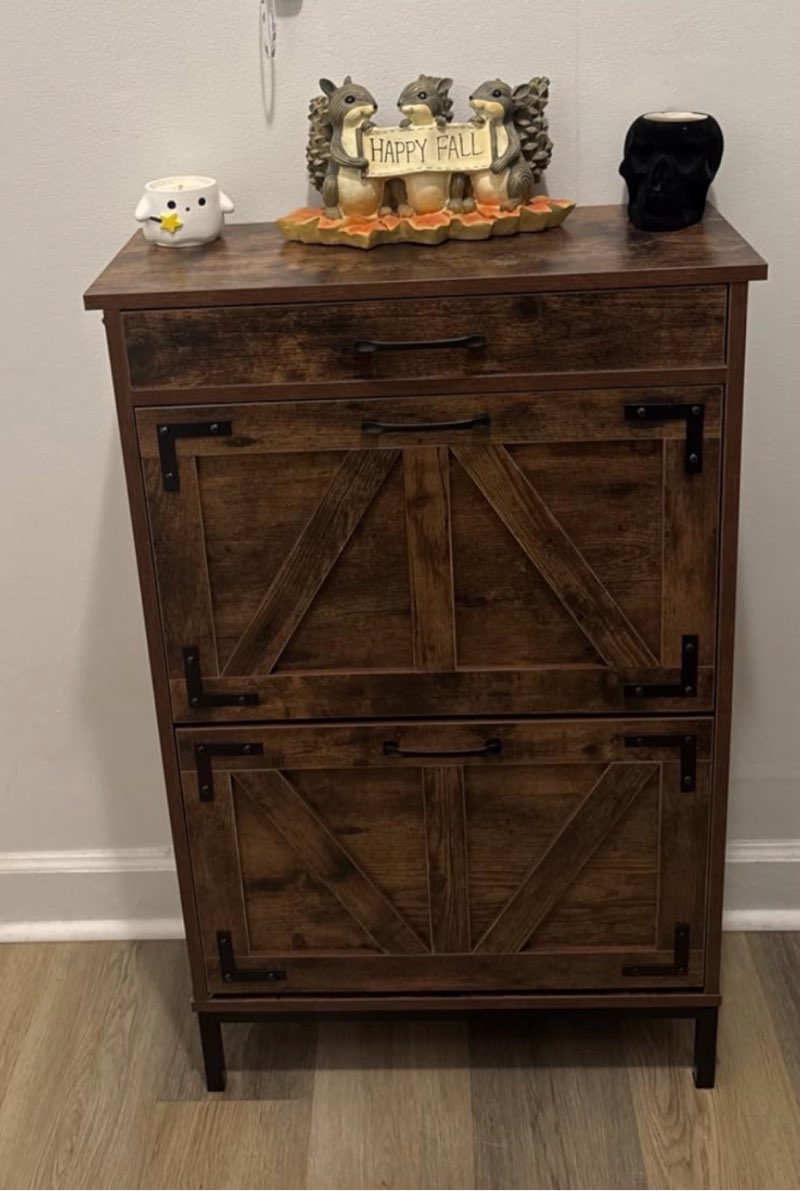 Shoe Storage Cabinet with 2 Flip Drawers, Narrow Shoe Cabinet for Entryway with 1 Top Drawer, Freestanding Hidden Shoe Rack Cabinet with Metal Legs for Foyer, Hallway (Rustic Brown)