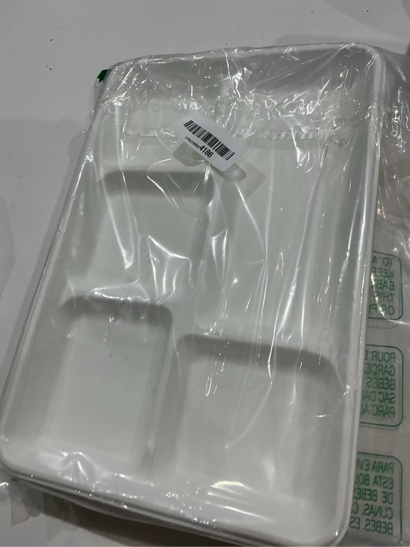 Condition photo showing Good Condition for incomplete vplus 100% compostable 5 compartment paper plates, 100 pack, 12.5 x 8.6 inch disposable school lunch trays, eco-friendly bagasse plates for buffet, and party