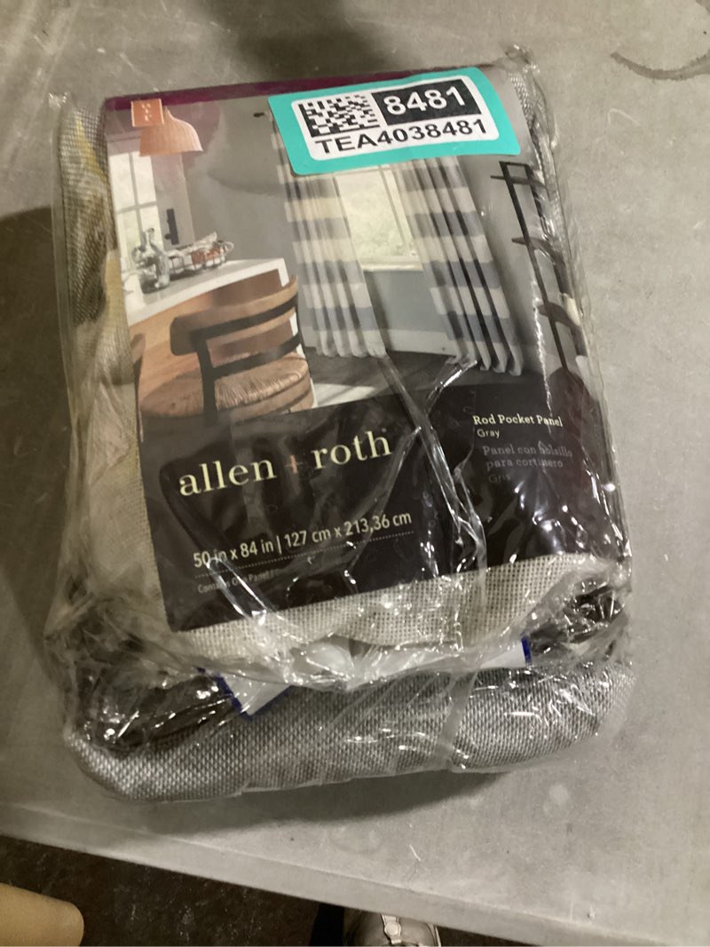 Condition photo showing As Is for allen + roth 84-in grey striped light filtering rod pocket single curtain pane