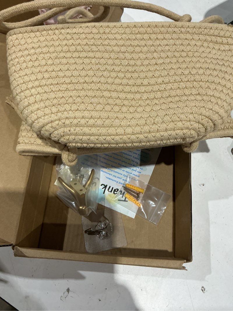 Condition photo showing Good Condition for 3-tier decorative cotton rope hanging basket, wall-mounted woven storage organizer bag, jute