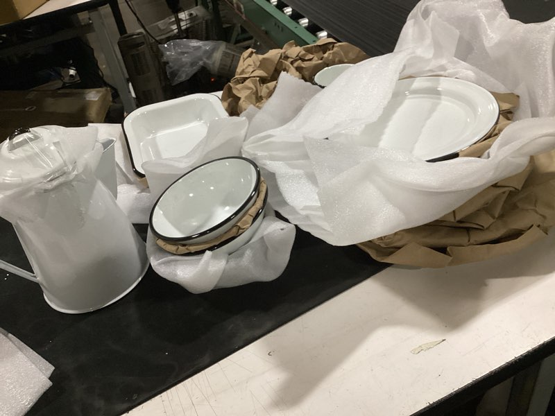 Condition photo showing Good Condition for cinsa 23 piece enamelware dinnerware set for 4. (speckled white) includes plates, bowls, coffee mugs, coffee boiler. great for indoor and outdoors, rv. dishwasher safe