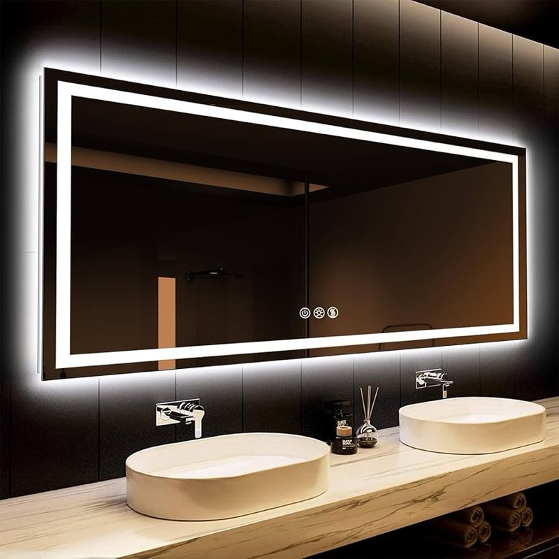 roomtec 55 x 36 inches led bathroom mirror with front and backlit,anti-fog,3 colors and dimmable lig