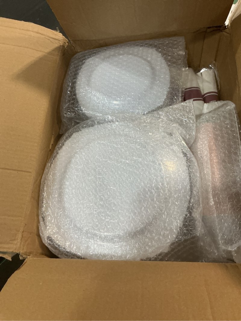 Condition photo showing New/Like New for 350pcs rose gold plastic plates for 50 guests, disposable dinnerware sets include 100 rose gold rim plastic plates, 50 silverware and cups, 50 pre rolled napkins for party, and graduation rose gold 50 guests set