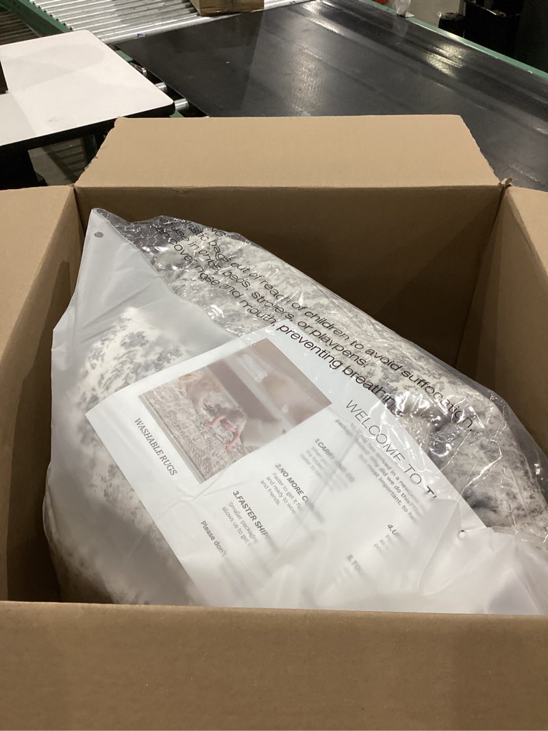 Condition photo showing New/Like New for 8x10 Washable Area Rug - Stain Resistant Machine Washable Floral Abstract Rug, Soft Thin Non-Shedding Carpet with No Slip Backing for Living Room Bedroom - Ash Grey (8'x10') Light Grey 8'x10'(Rectangular)