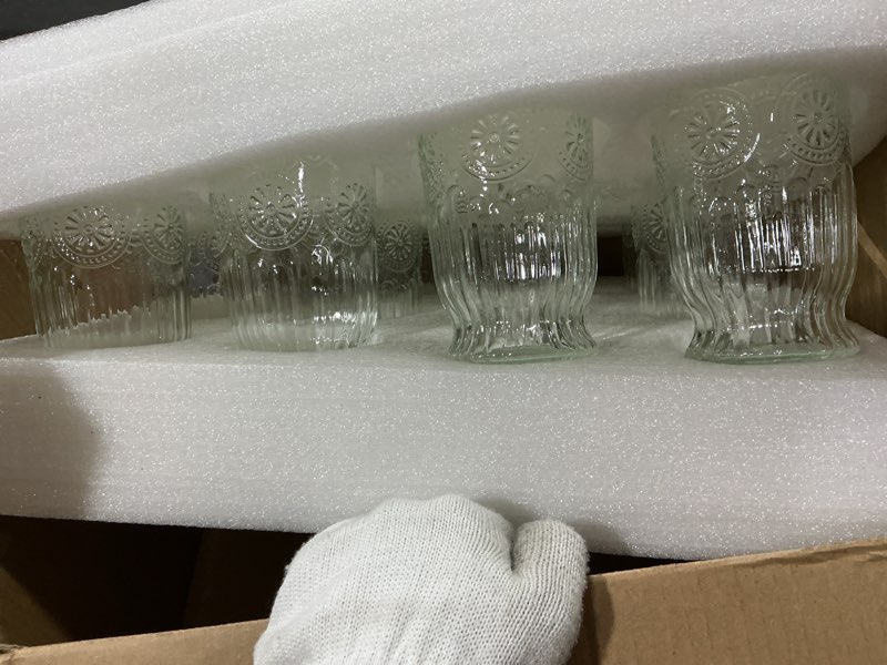 Condition photo showing Good Condition for Vintage Drinking Glasses, 12 pcs Embossed Designed Highball Glasses, 16oz Glass Cups, Tall Water Glass Tumbler, Mojito Cup, Cocktail Glass, Vintage Glassware Set for Juice, Cocktail, Whiskey