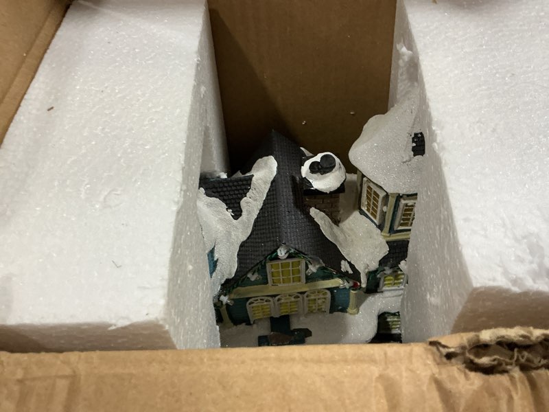 Condition photo showing Good Condition for LED Lighted Musical Animated Blue Victorian Village House - 11.8" Large Christmas Collectible Building with Running Reindeer, Xmas Decoration for Tabletop or Mantel Display Blue 7in