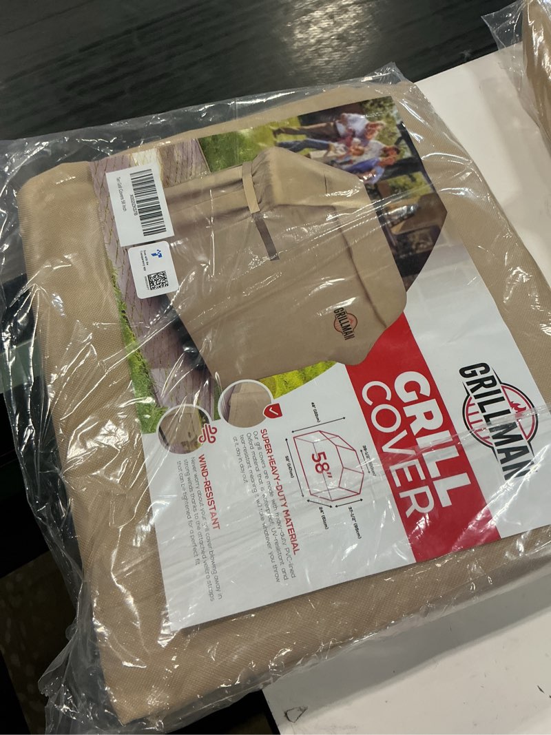 Condition photo showing New/Like New for grillman grill cover, bbq outdoor grill covers, charcoal, gas grills, waterproof, rip-proof, weather-resistant, anti-uv, barbecue cover for weber, genesis, charbroil, nexgrill, etc (tan, 58 inch)