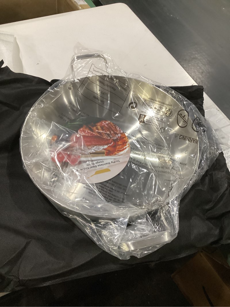 Condition photo showing New/Like New for inqibee 14-inch tri-ply stainless steel paella pan,large skillet,griddle pan,large frying pan,jumbo cooker,induction cookware,dishwasher and oven safe. 14in