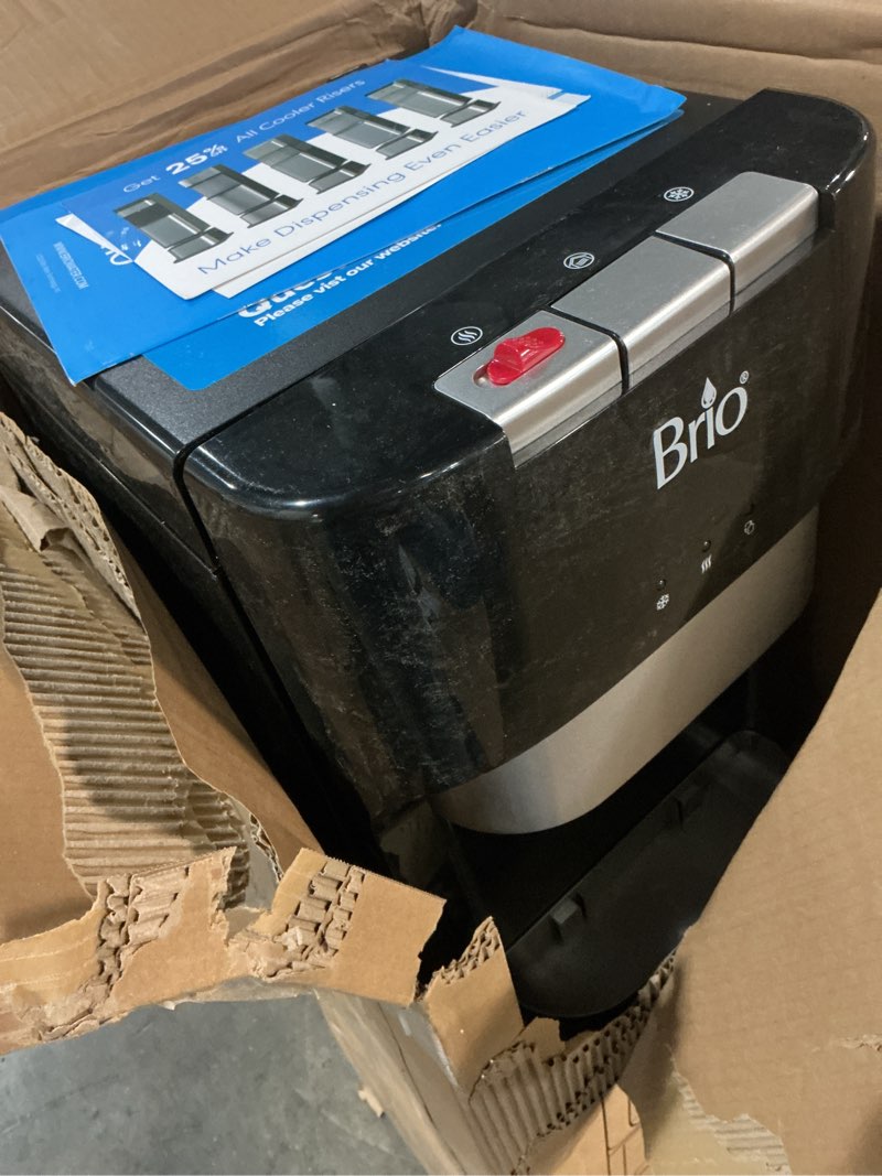 Condition photo showing As Is for brio bottom loading water cooler dispenser for 5 gallon bottles - 3 temperatures with hot, room & cold spouts, child safety lock, led display with empty bottle alert, stainless steel