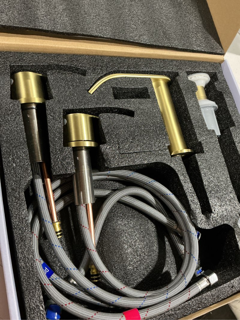 Condition photo showing Good Condition for ultimate unicorn 8 inch bathroom faucet brushed gold, waterfall bathroom faucet with metal pop-up sink drain stopper and 2 supply hoses,2 handle widespread faucets for vanity sink 3 holes brushed gold 8 inch 8 inch