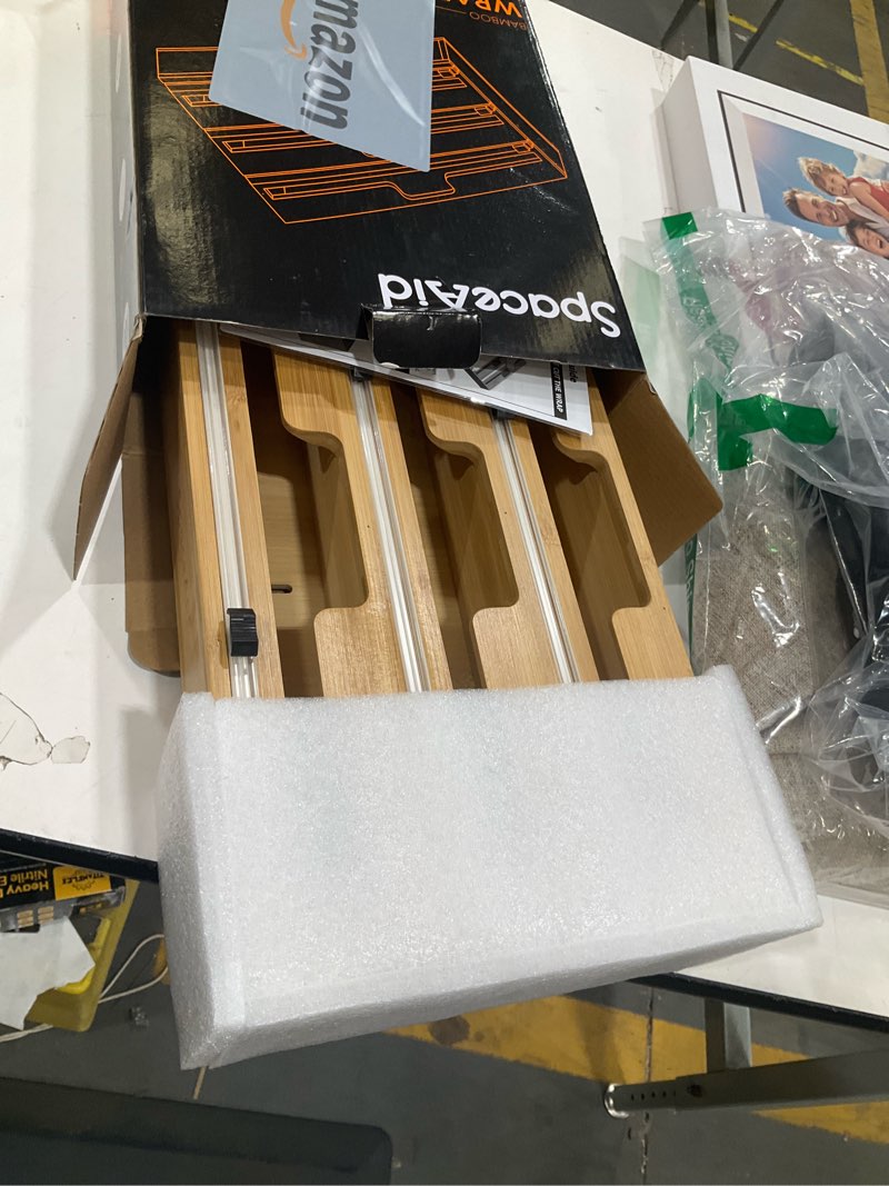 Condition photo showing Good Condition for spaceaid wrapneat 3 in 1 wrap organizer with cutter and labels, plastic wrap, aluminum foil and wax bamboo dispenser for kitchen storage organization holder for 12" roll (natural) 3-slot, 3"tall 01 natural
