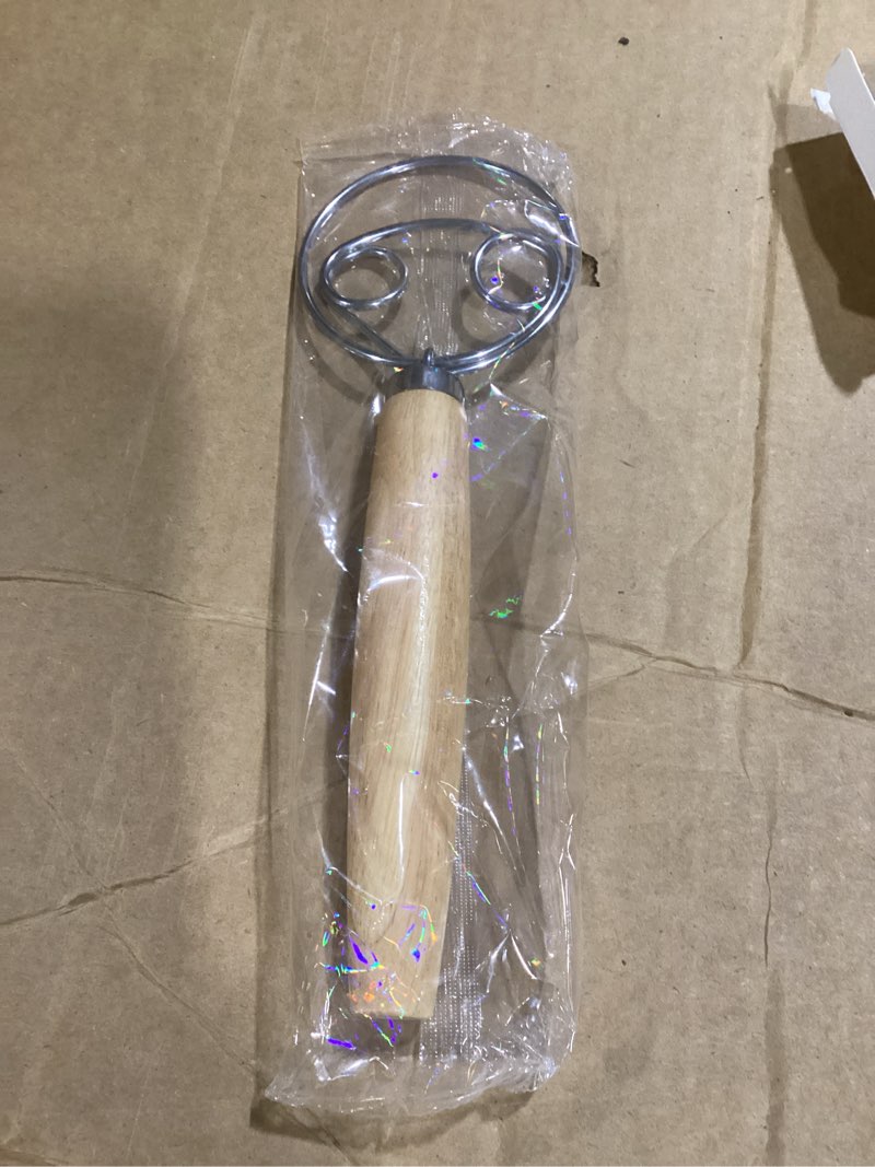 Condition photo showing Good Condition for Maxjoy Danish Dough Whisk for Sourdough Bread Baking - Stainless Steel Hook with Wooden Handle 2 Eyes Dough Whisk