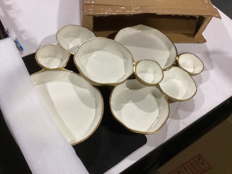 Condition photo showing As Is for cluster of 9 round serving bowls enamel clusters decorative elegant snack tray for olives, chip & dip, nuts, appetizers & entertaining strong brass & enamel home decor gifts, parties & weddings 22" enamel white and gold 9 cluster 22"