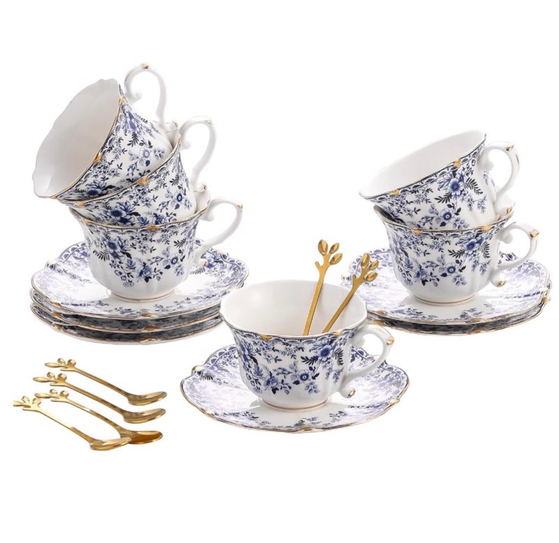 TATSUMI Country Roses 18 Peices Bone China Tea Cup And Saucer Set, English Vintage Tea Cups Of 6 For