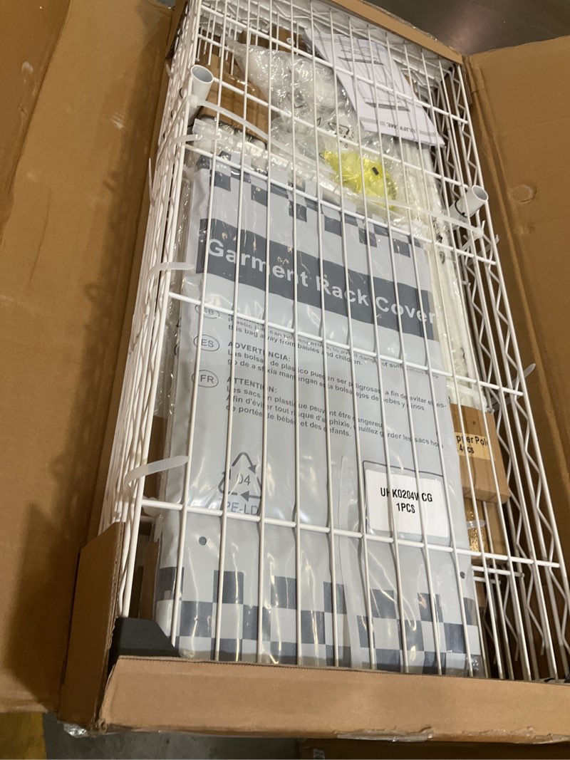 Condition photo showing As Is for ulifhome e14c pro heavy duty closet organizer system?freestanding clothing racks for hanging clothes?adjustable garment rack 70.1"w × 16.6"d × 76.4"h hold 960 lbs?white rack with grey dustproof cover white rack with grey cover