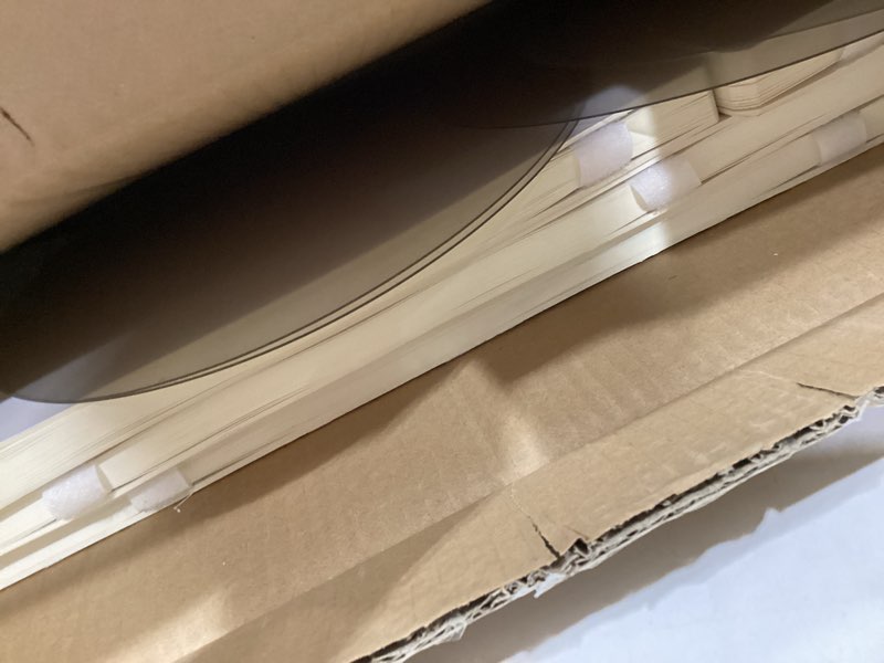 Condition photo showing As Is for 4Pack Cylinder Stands for Party, Foldable Cardboard Columns with 4 Clear Round Top Plates, Cake Display Pedestal Stand for Wedding Banquet Vendor Events Decorative Beige