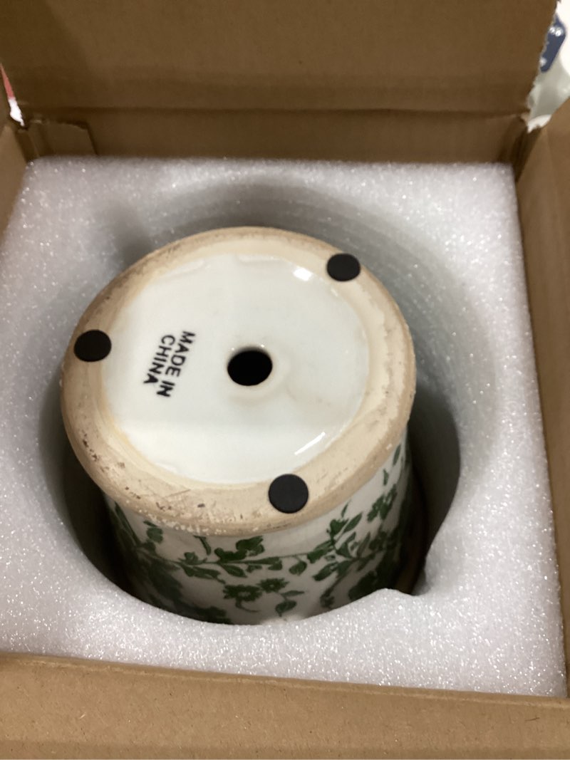 Condition photo showing New/Like New for Vintage Green and White Ceramic Floral Vase Planter, Rustic Crackle Glaze Pottery Jar, Hand-Painted Floral Pot Design for Flowers or Plants, Farmhouse & Cottage Home Decor Accent Large - Belly Jar without Drainage Hole