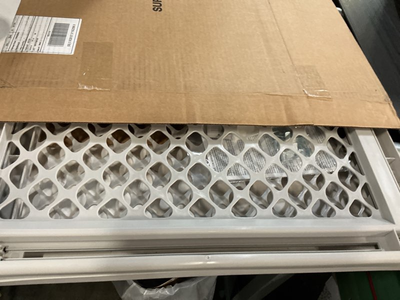 Condition photo showing As Is for mypet universal pet gate: 26” - 42” wide dog gate for doorways with pressure fit or swinging door hardware mounting types included: 26" tall; gray