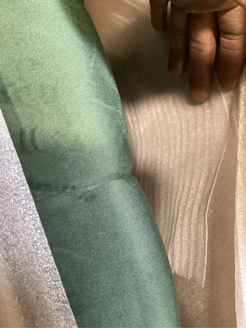Condition photo showing Good Condition for meridian furniture royalgreen-q royal collection modern | contemporary velvet upholstered queen bed with soft green velvet, deep elegant tufting, canopy, 70.5" w x 89" d x 87" h, green, queen green queen
