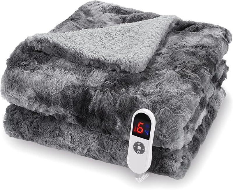 similar))electric heated blanket throw, luxurious soft faux fur blafast heating levels led adjustable timer, machine washable, home office use