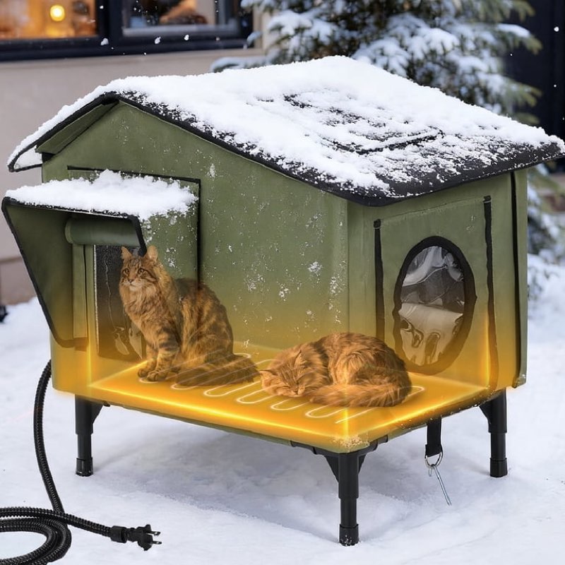 heated cat house outdoor, domipet waterproof large insulated winter cat shelter with heating pad for multiple cats small animals, elevated base, escape door & roof window