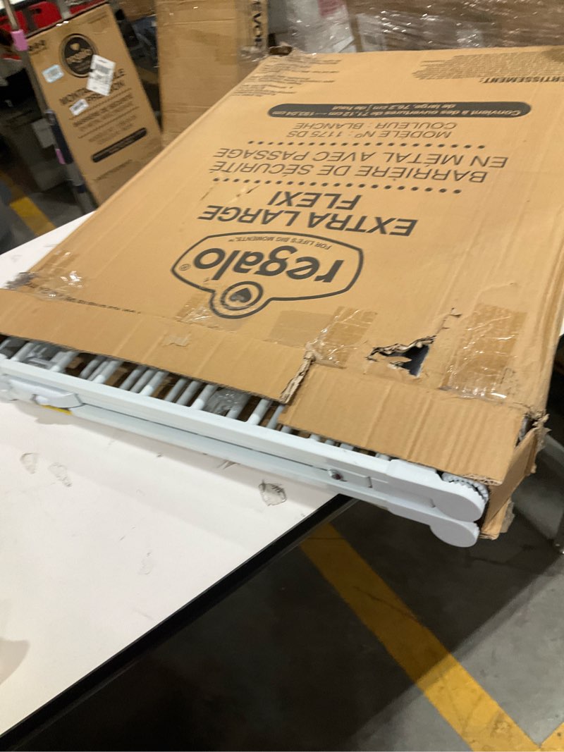 Condition photo showing As Is for regalo 76 inch super wide configurable baby gate, includes 4 pack of wall mounts and hardware 28-76"w x 30"h white
