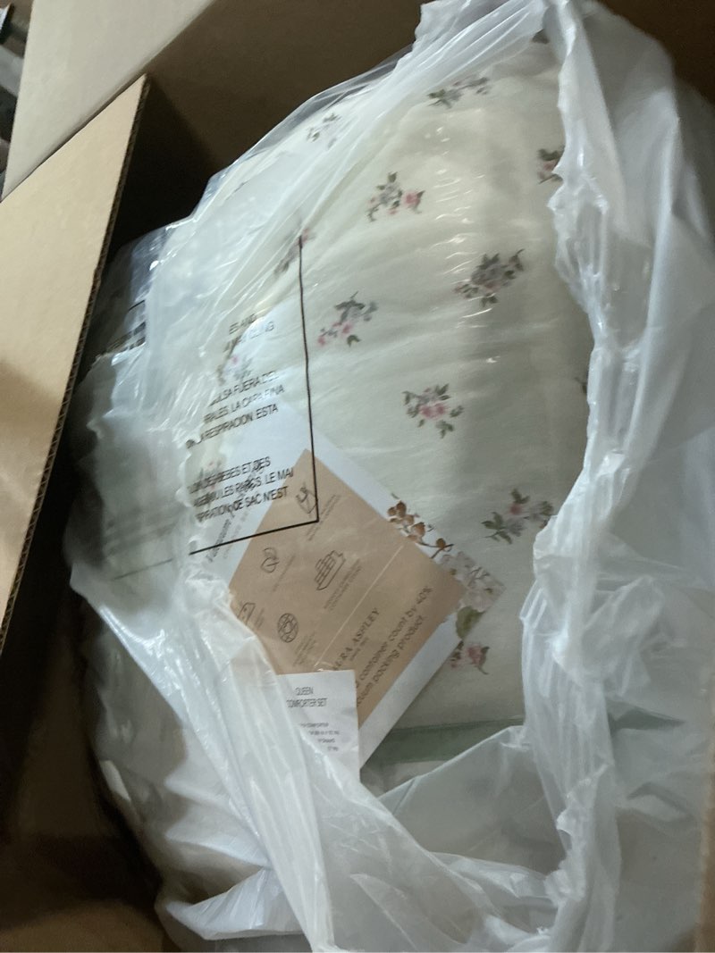Condition photo showing As Is for laura ashley - queen comforter set, soft cotton bedding with slight texture feel, medium weight for year round comfort, 4 piece bed set with matching pillowcases & bonus bed skirt (harper sage)