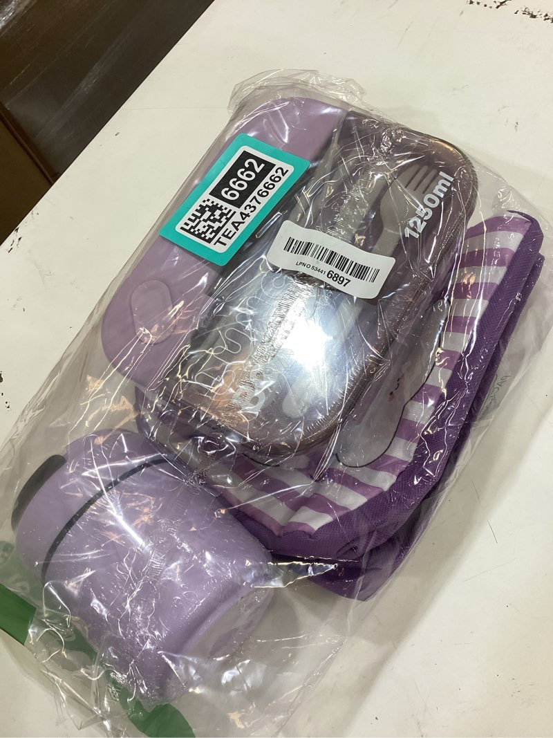 Condition photo showing New/Like New for food container bento lunch box for hot cold food, 3 compartments and soup thermos cup,lunch bag,spoon,fork leak proof food jar for office picnic travel outdoors purple
